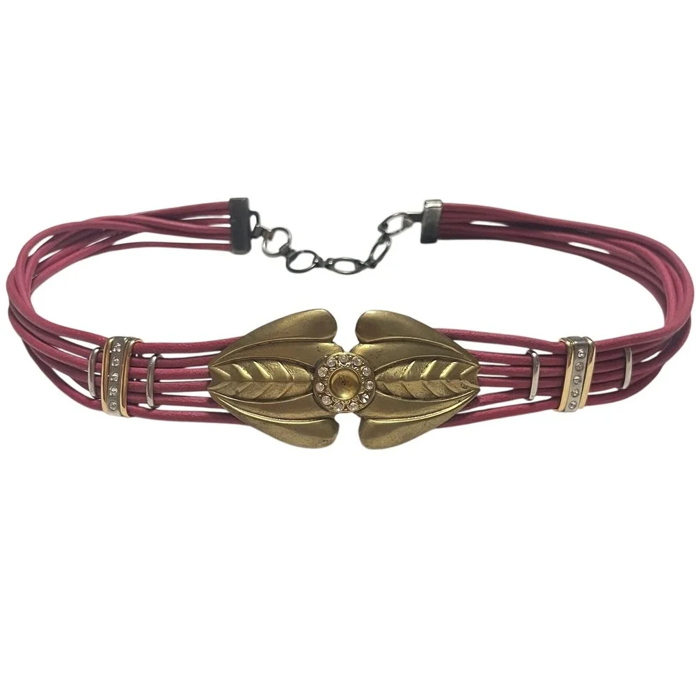 Unique Pink Leather Rope Belt With Gold And Rhinestone Accents And Chain Closure